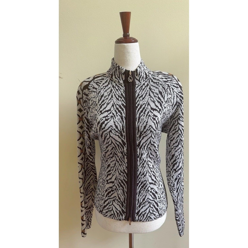 NEW St. John Sport Vintage Knit Animal Print Jacket Wool Blend Size M Brown $420